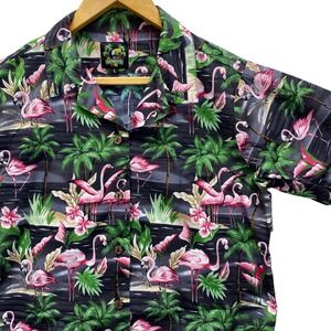 Benny's Flamingo Tropical Hawaiian Shirt Womens Large Black Pink Cotton Aloha